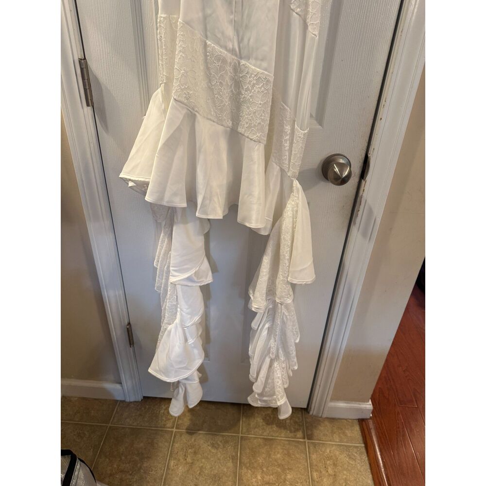 AKIRA White Satin Lace Mini Dress Ruffle Side Trains Bridal Prom Size L NWT - Picture 9 of 14
